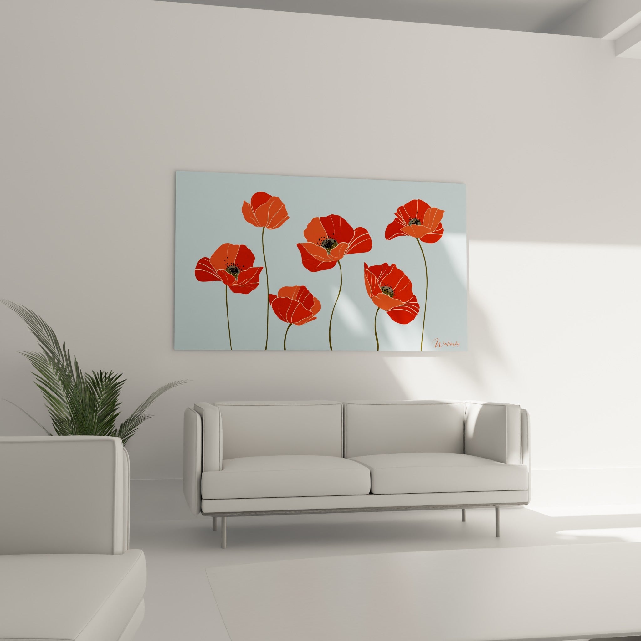 Six coquelicots rouges et corail sur fond bleu pastel au-dessus d'un canapé dans un salon lumineux