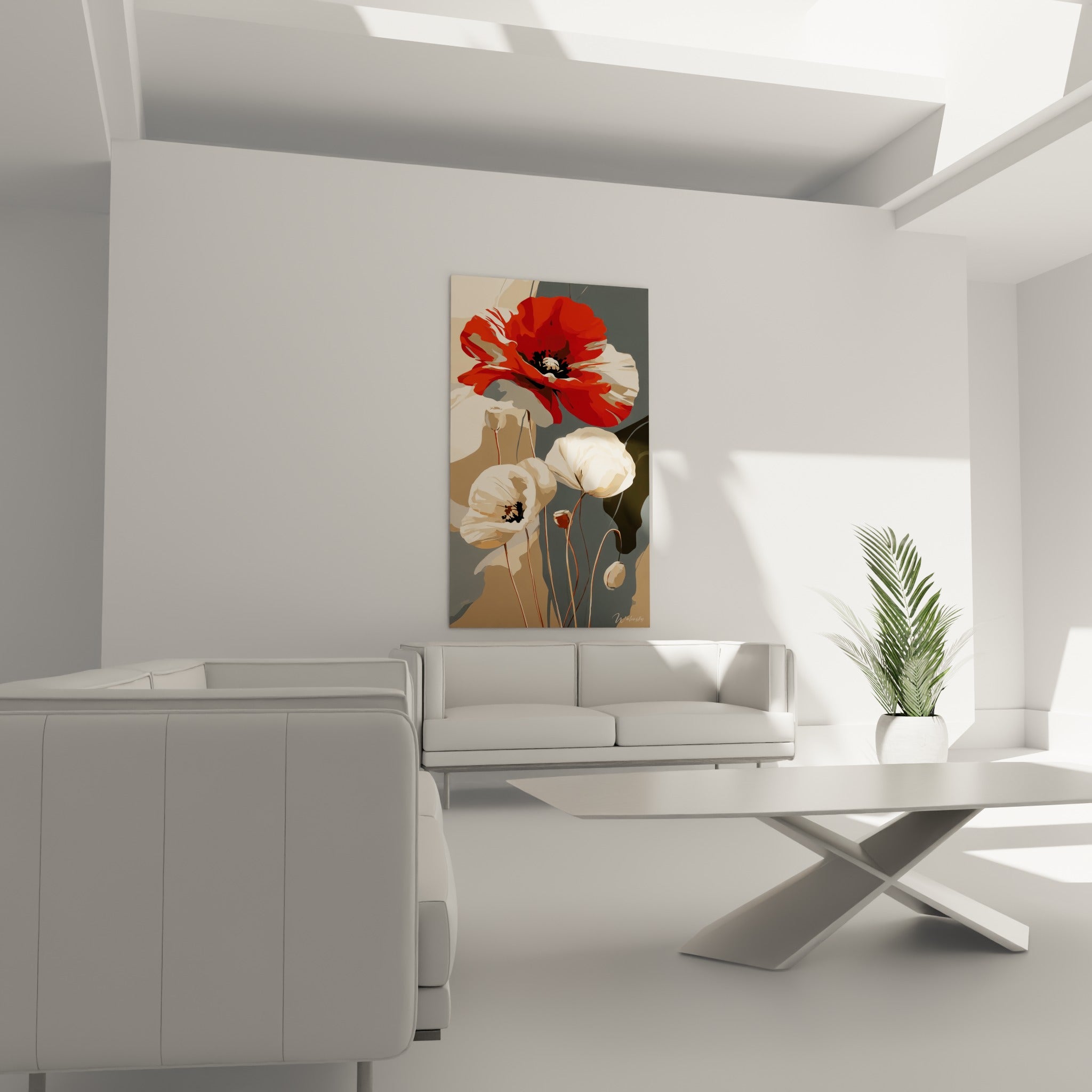 Pavots blancs et coquelicot rouge intense au-dessus d'un canapé dans un salon lumineux