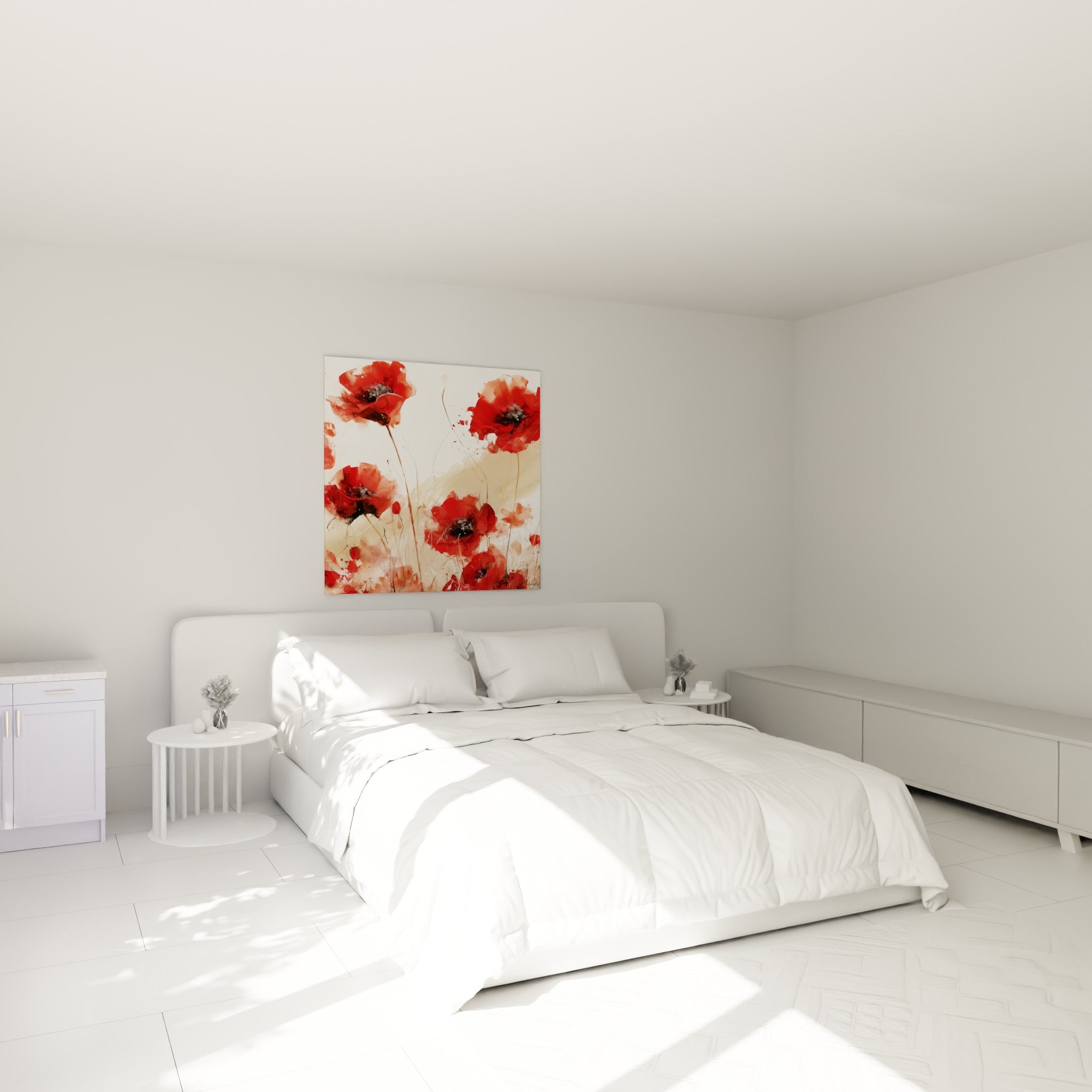 Bouquet de coquelicots rouges et beige accroché au-dessus d'un lit dans une chambre claire