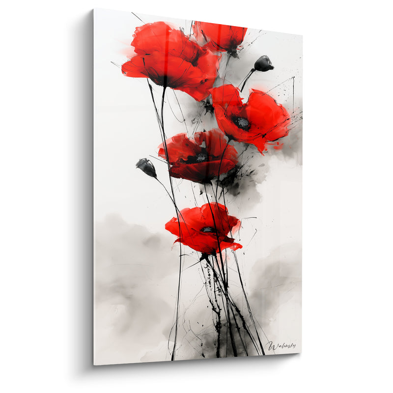 Tableau Coquelicots rouges et noirs aux tiges griffées - Nuages de fumée grise - Edition Coquelicot