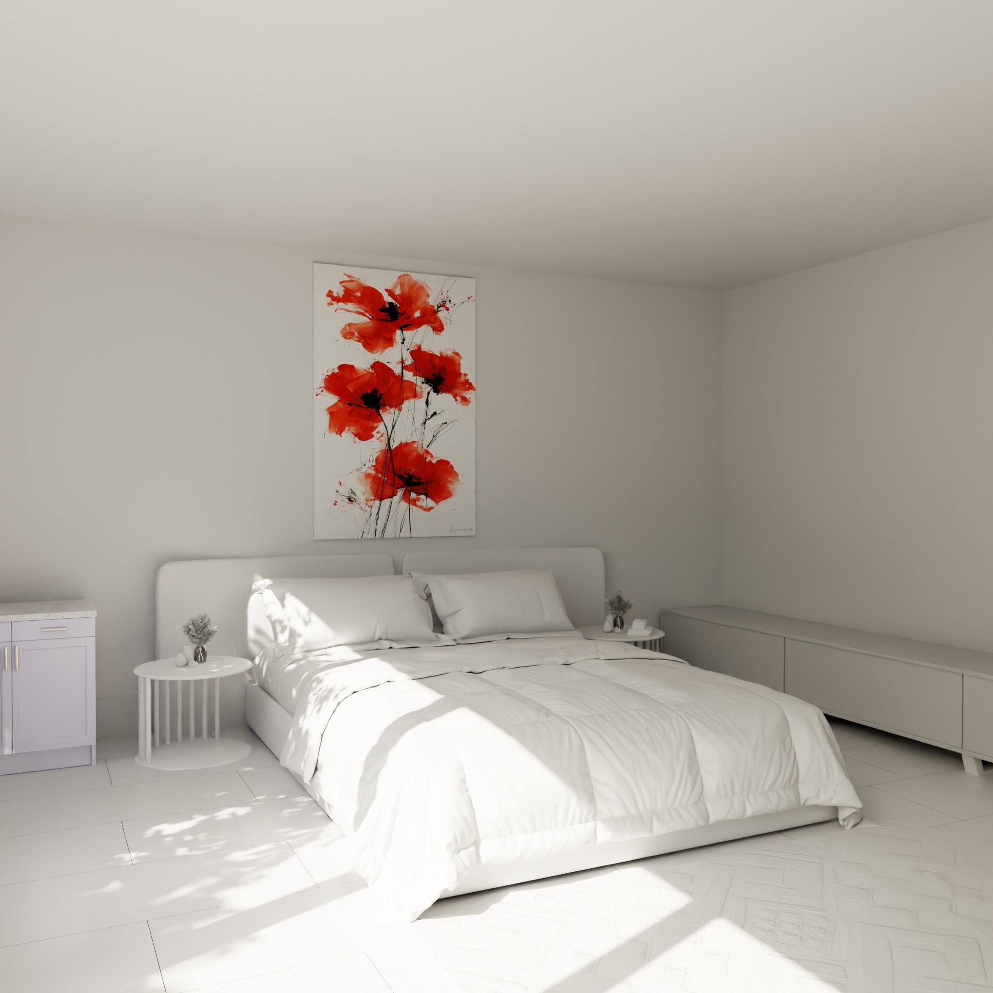 Pétales rouges et centres noirs dansent sur fond blanc, œuvre accrochée au-dessus d'un lit dans une chambre claire