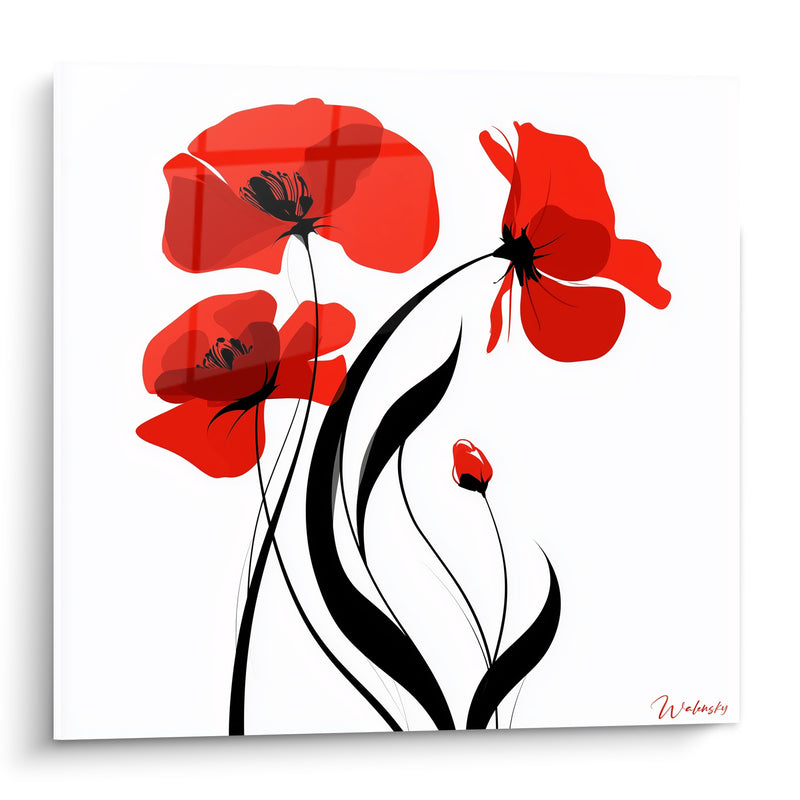 Tableau Coquelicots rouges et noirs aux feuilles galbées - Bouton fermé penché - Edition Coquelicot