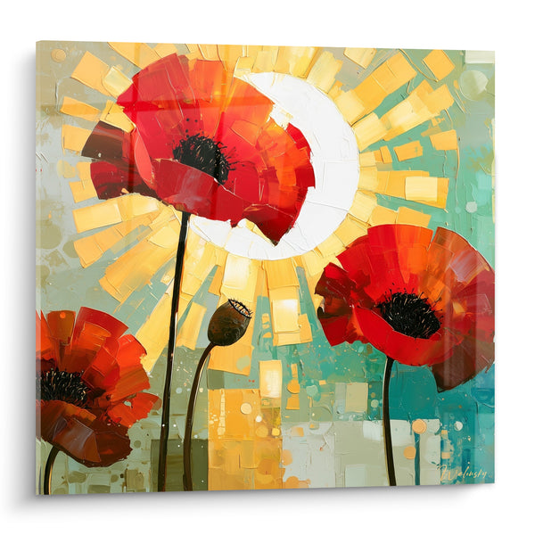 Red Poppies and Gold Turquoise Background Painting - Solar Bloom - Coquelicot Edition