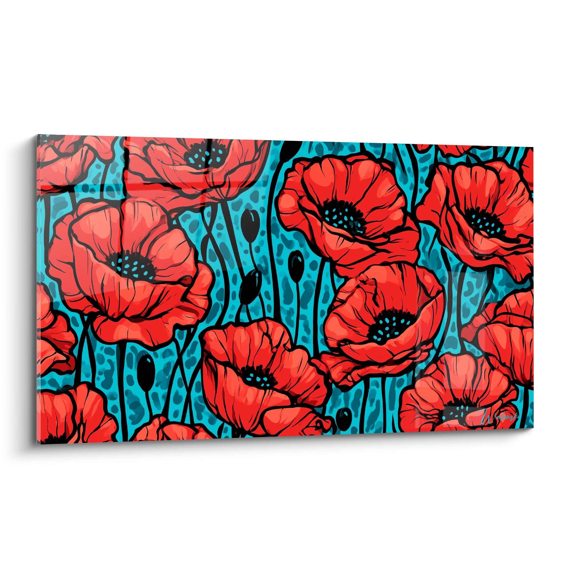 Coquelicots rouges aux cœurs noirs sur fond turquoise tacheté, contours graphiques noirs marqués