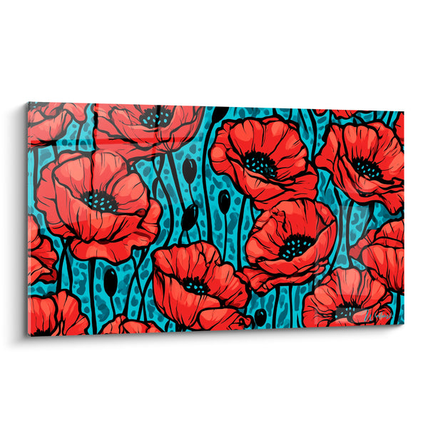 Red Poppies and Turquoise Tableaux with Spotted Motifs - Light Blue Stamens - Coquelicot Edition