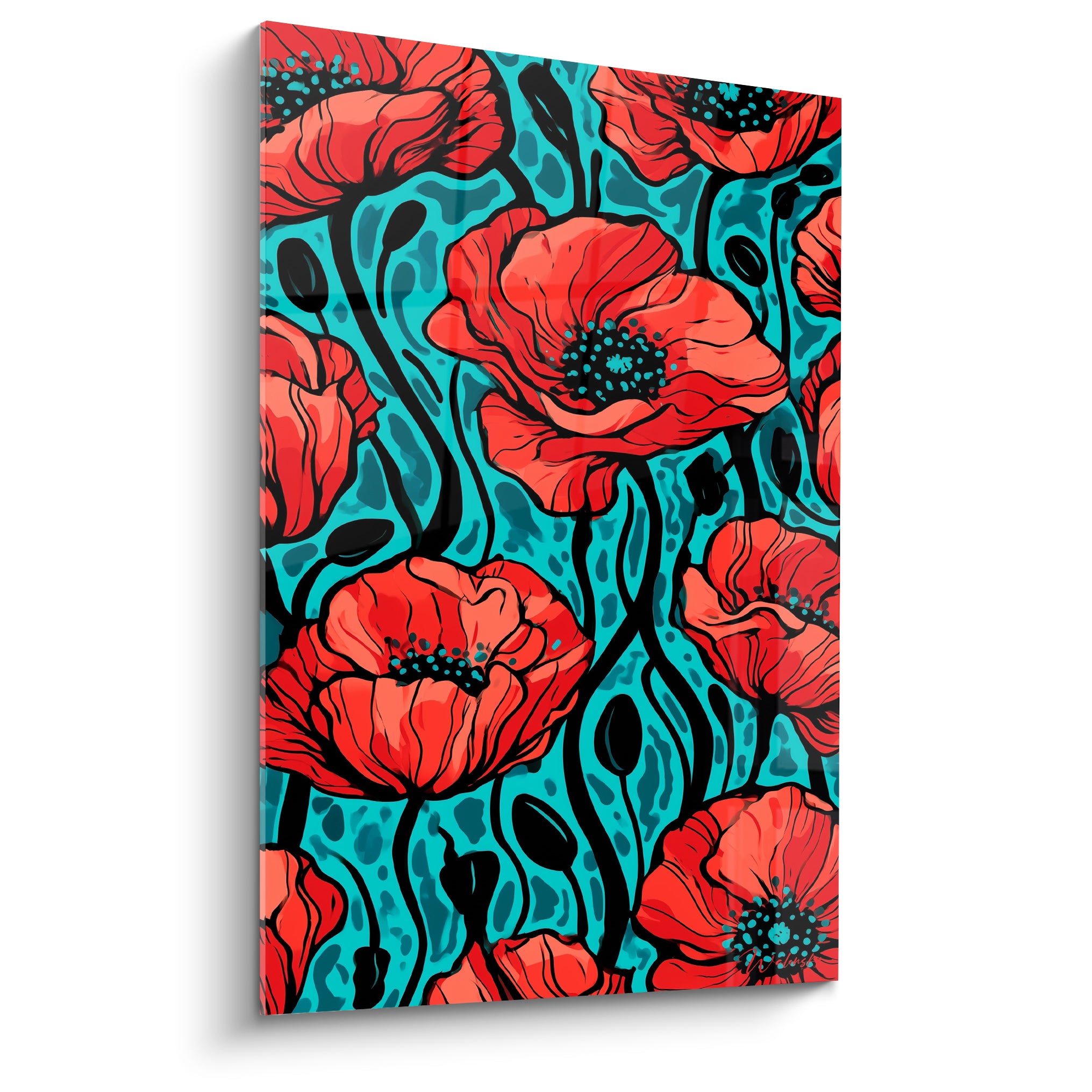 Coquelicots rouges aux cœurs bleu sarcelle sur fond turquoise, style graphique aux contours noirs marqués