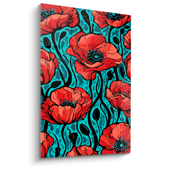 Tableau Coquelicots rouges sur fond turquoise stylisé - Éveil floral vibrant - Edition Coquelicot