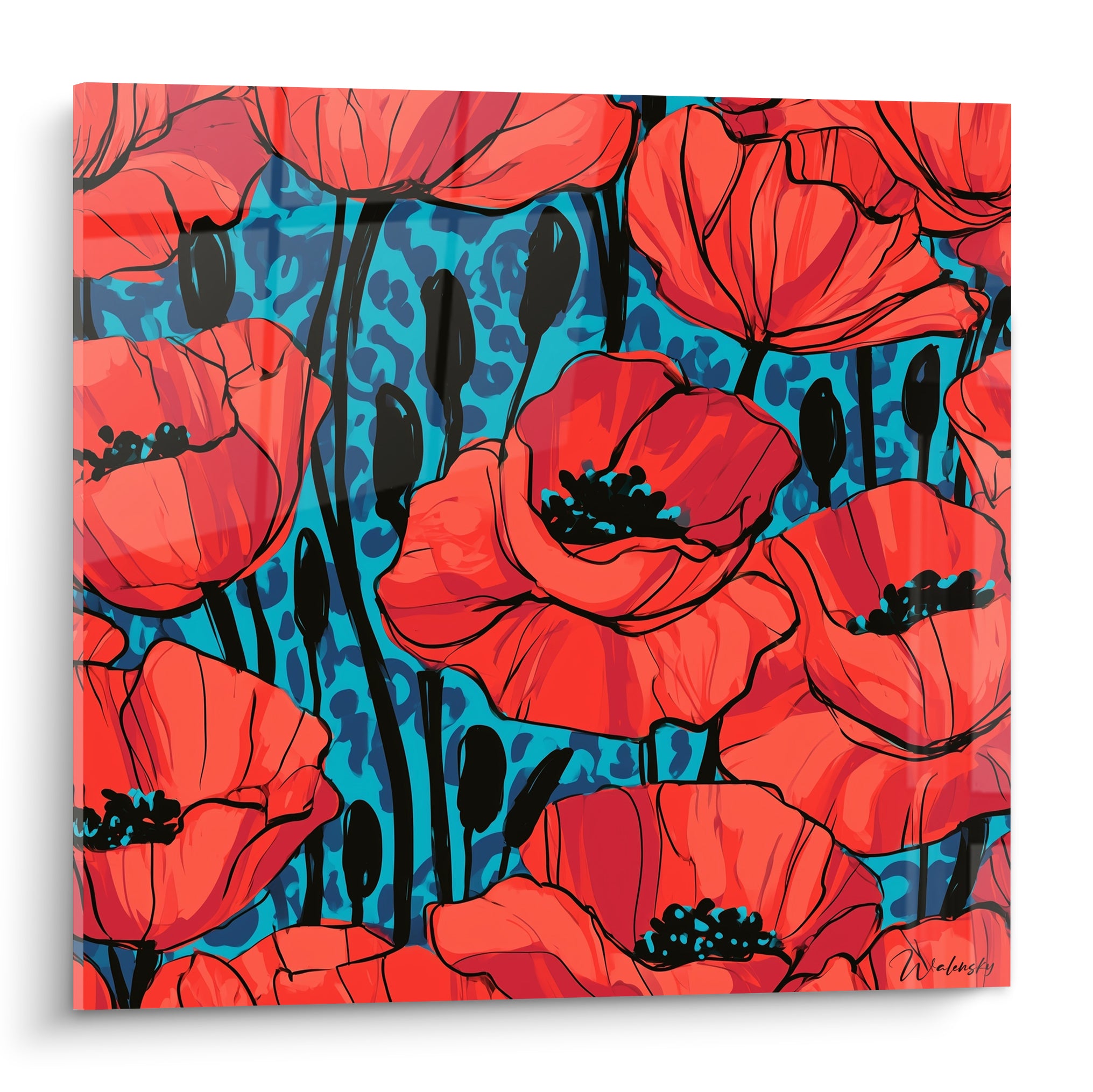 Coquelicots rouges aux contours noirs sur fond turquoise moucheté, composition florale dense et graphique
