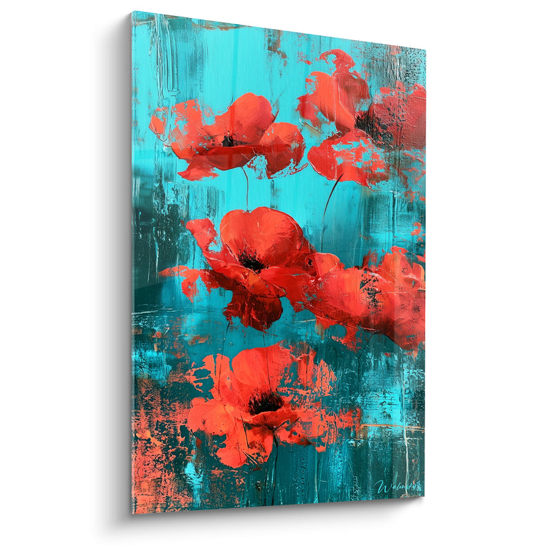 Tableau Coquelicots rouges et turquoise aux tiges filantes - Reflets balayés à la spatule - Edition Coquelicot