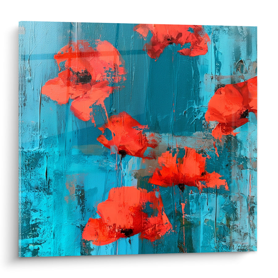 Tableau Coquelicots rouges sur fond turquoise texturé - Flottaison estivale - Edition Coquelicot