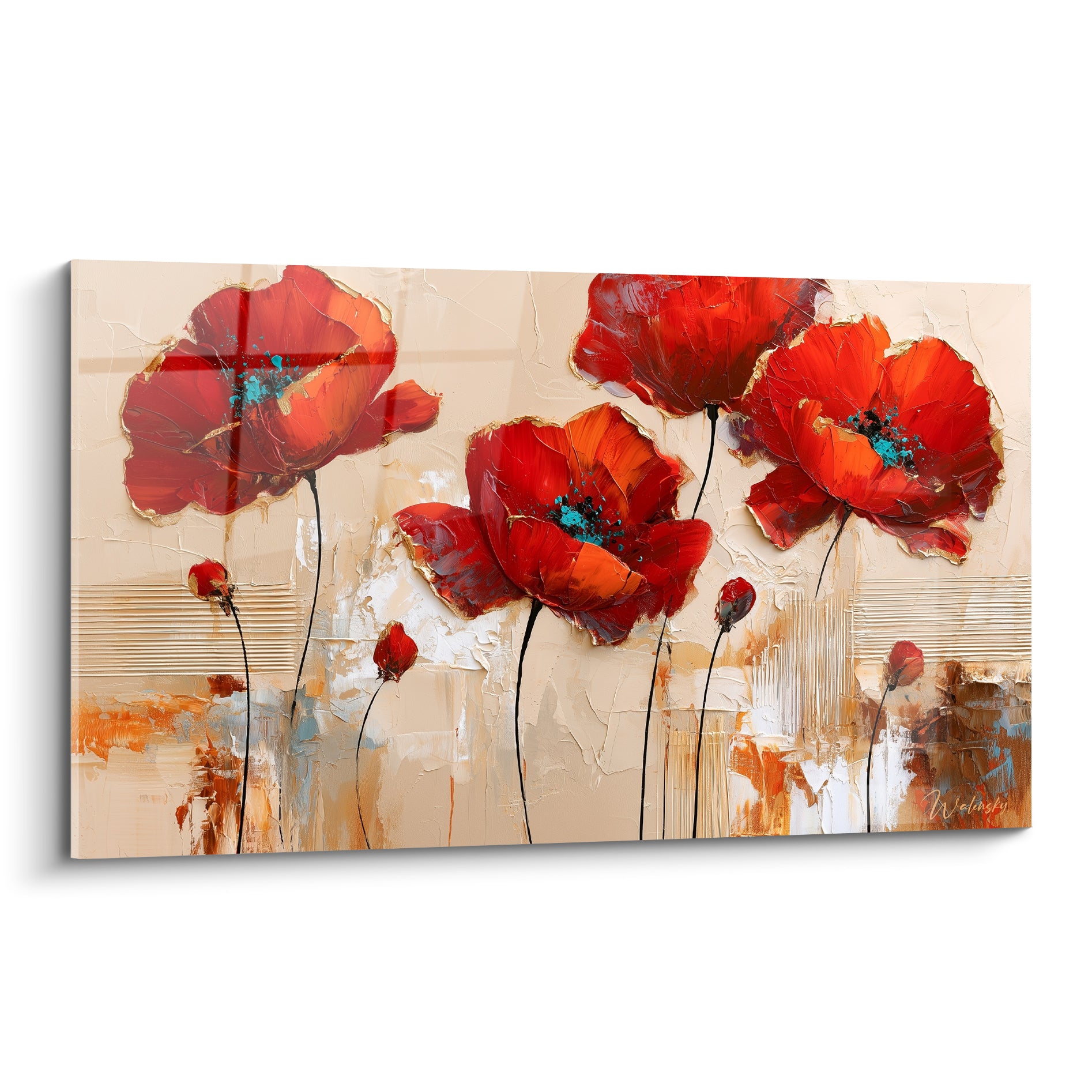 Coquelicots rouge vif aux cœurs turquoise peints en relief sur fond beige texturé façon bois.