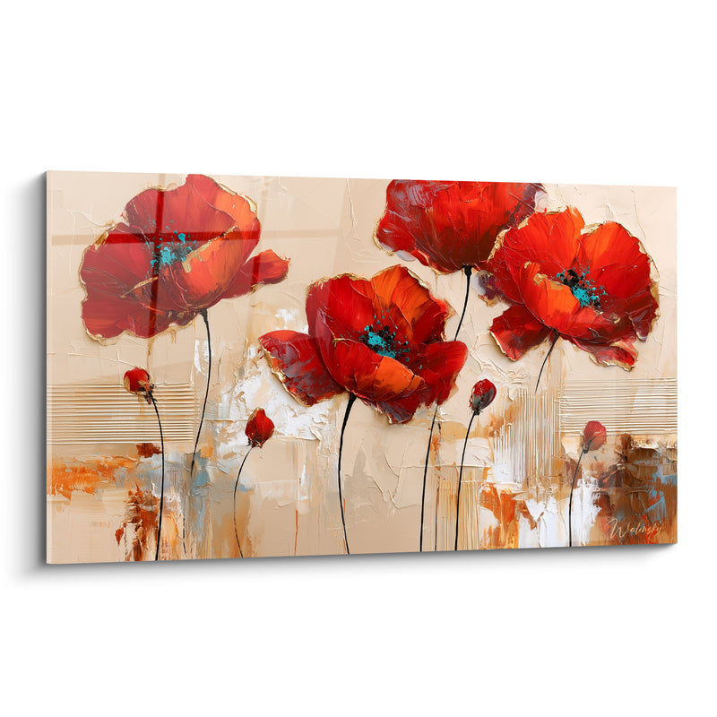 Tableau Coquelicots rouges et beige aux étamines turquoise - Empâtements dorés texturés - Edition Coquelicot
