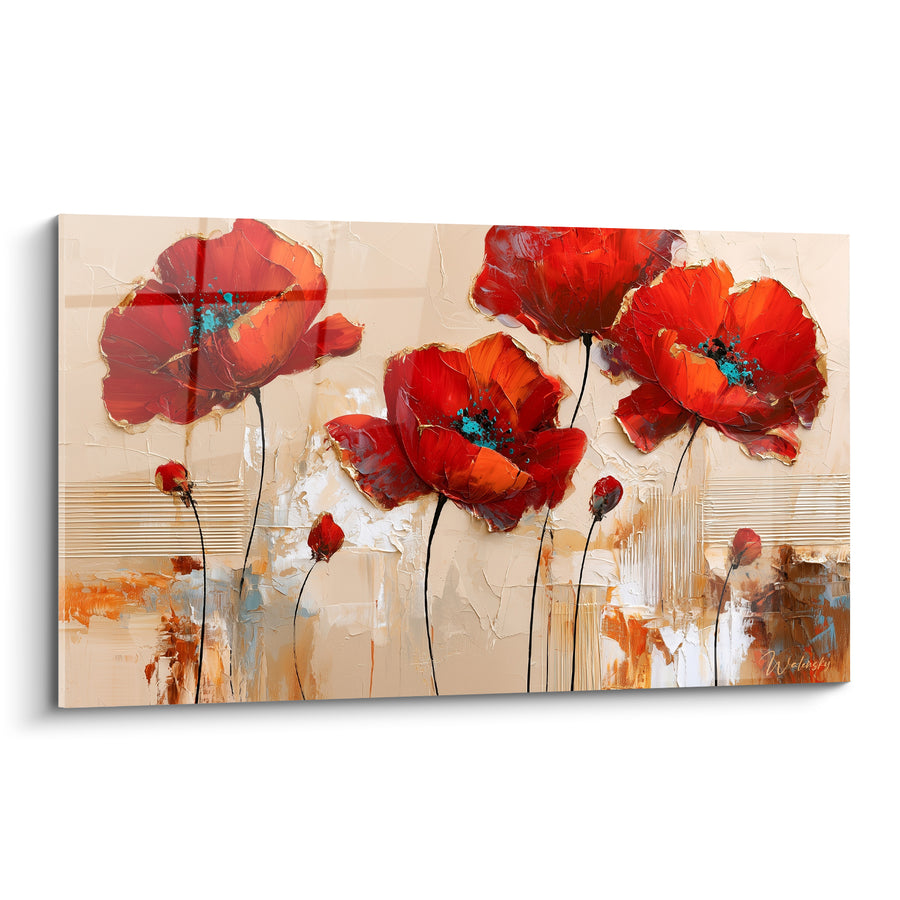 Tableau Coquelicots rouges et beige aux étamines turquoise - Empâtements dorés texturés - Edition Coquelicot