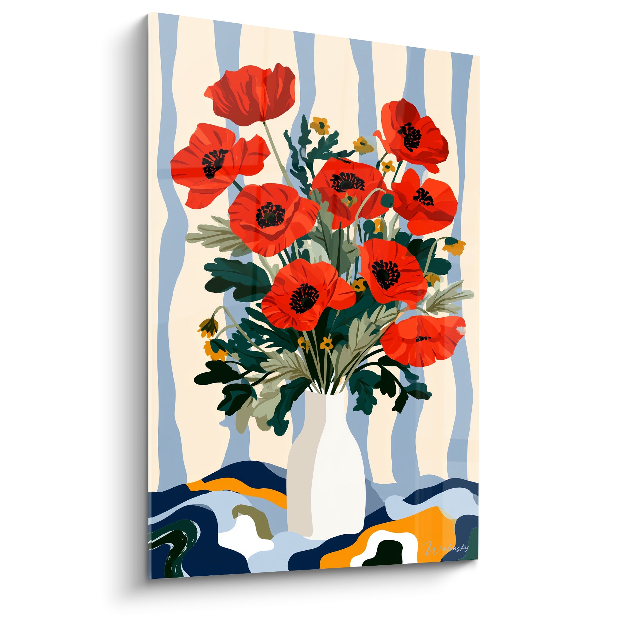 Coquelicots rouges en vase blanc, rayures bleu pastel et crème, style graphique lumineux