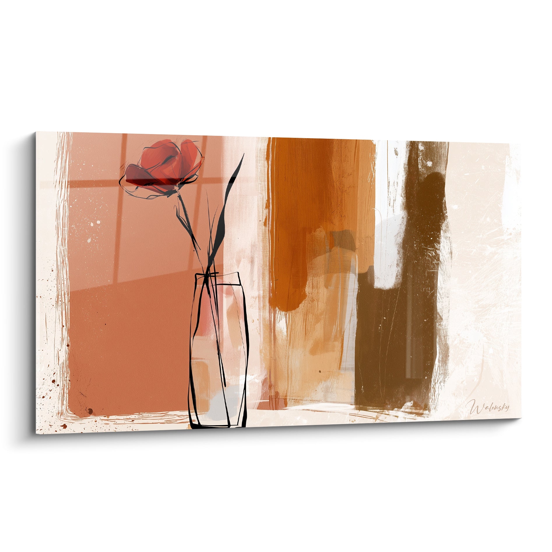 Coquelicot rouge esquissé dans un vase filaire, sur fond terracotta et ocre abstrait