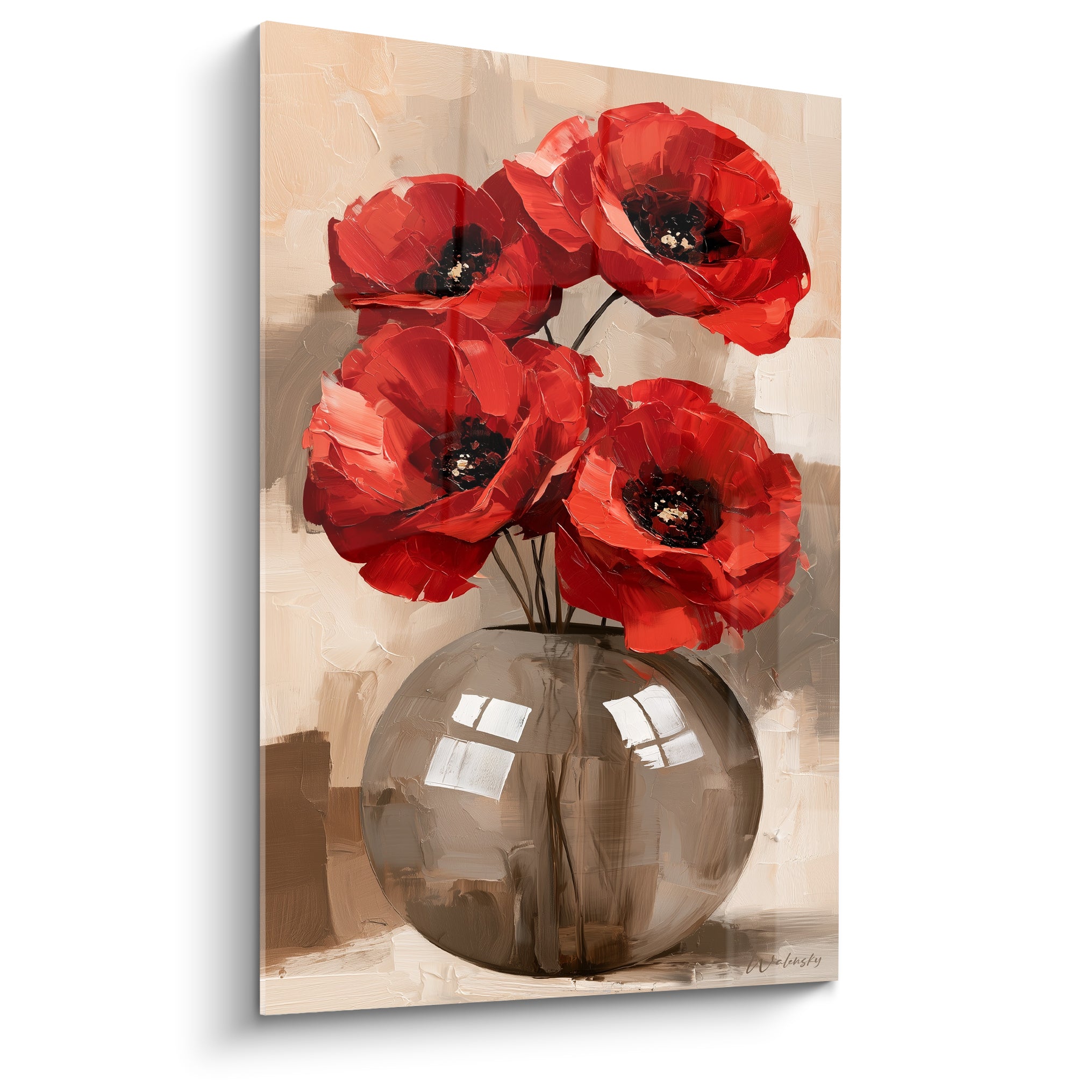 Coquelicots rouges aux cœurs noirs dans un vase rond gris fumé, style peint au couteau