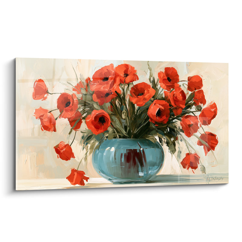 Tableau Bouquet rouge et bleu en vase rond - Fraîcheur du matin - Edition Coquelicot