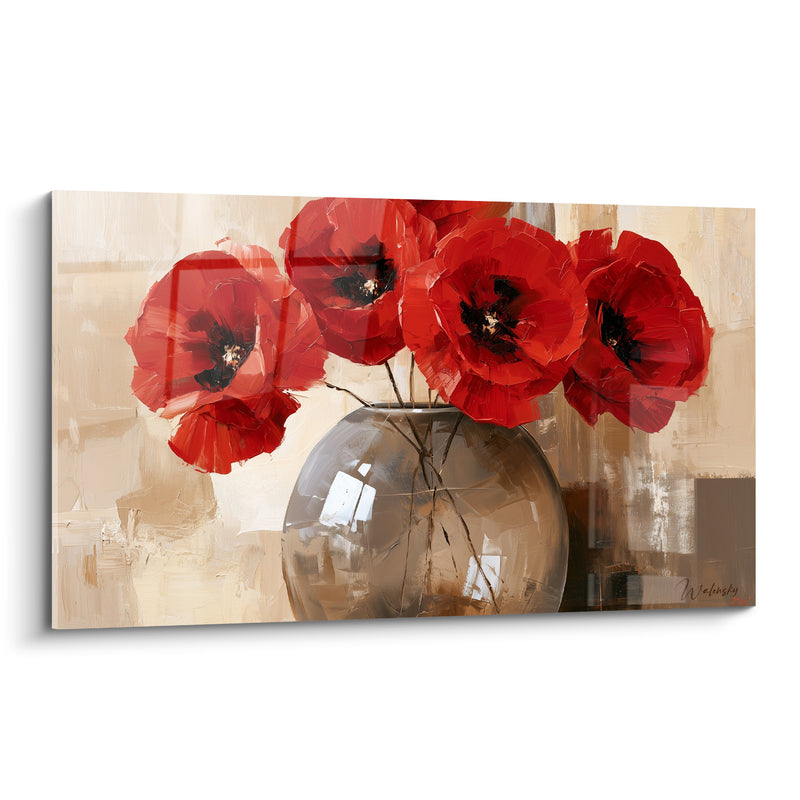 Tableau Vase rond rouge et beige aux tiges entrecroisées - Reflets sur verre fumé - Edition Coquelicot