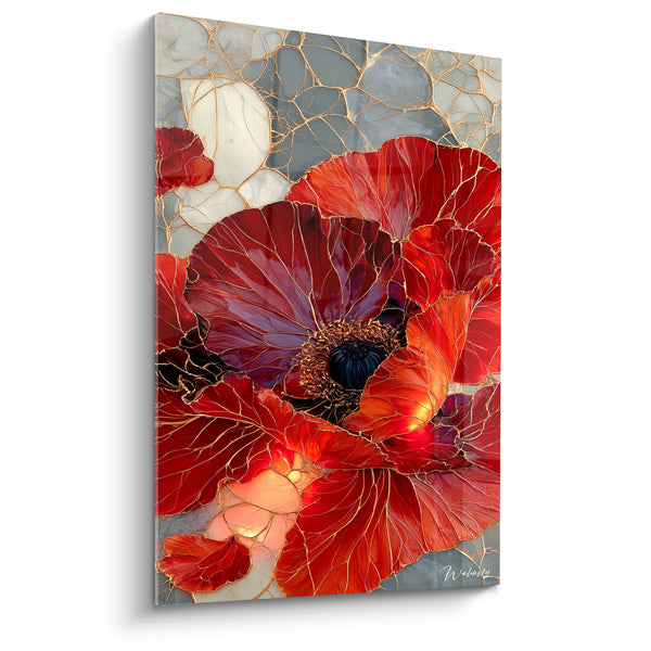 Red Poppy Painting with Gold and Grey Veins - Vitreous Radiance - Coquelicot Edition