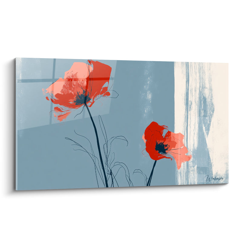 Tableau Coquelicots corail et bleu ardoise aux tiges filiformes - Bande verticale ivoire - Edition Coquelicot