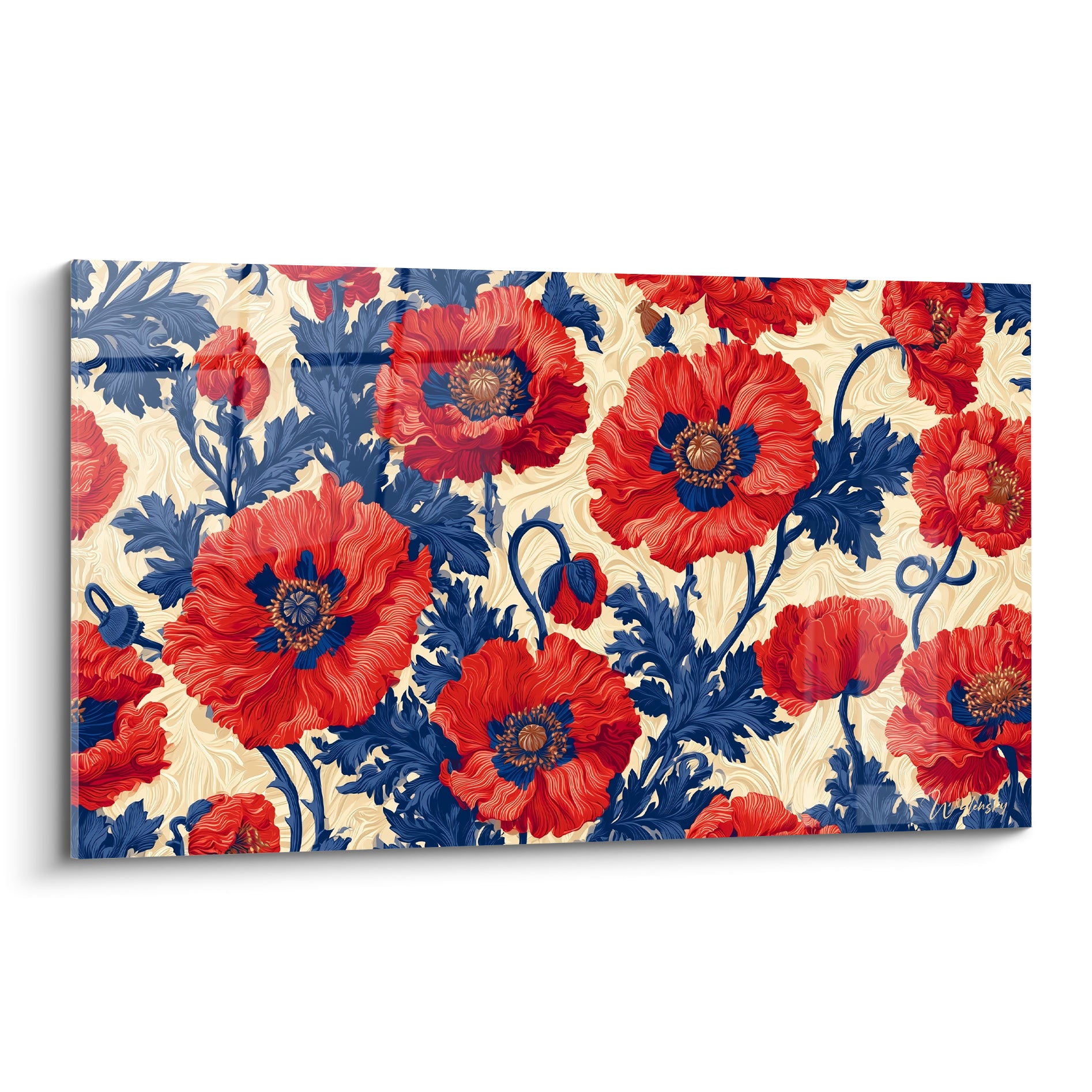 Coquelicots rouge vermillon aux feuillages bleu marine sur fond ivoire, style illustratif dense et floral