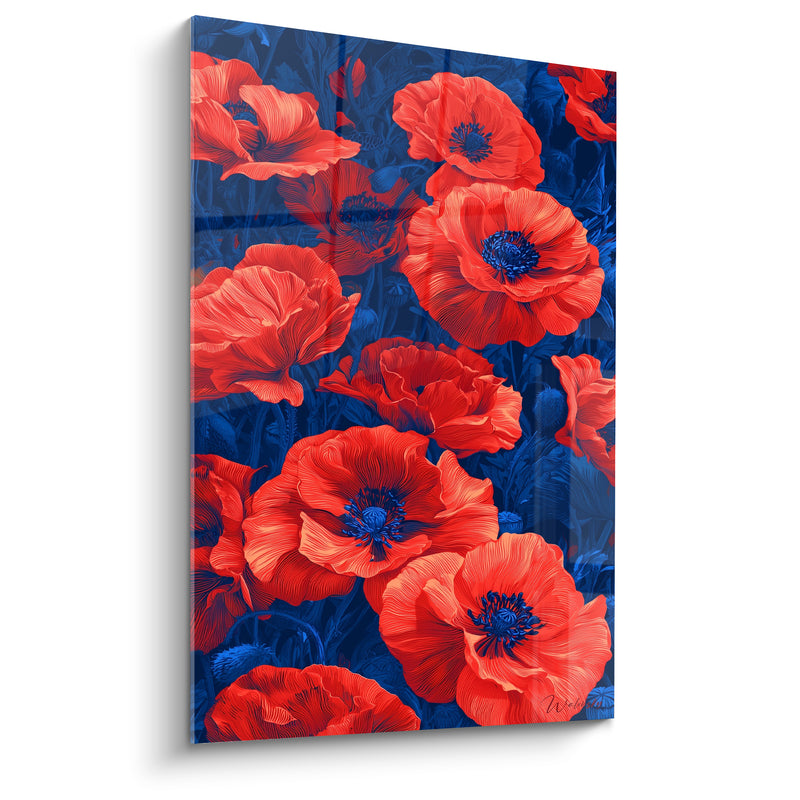 Tableau Coquelicots rouges et bleu roi aux nervures gravées - Reflet nocturne intense - Edition Coquelicot