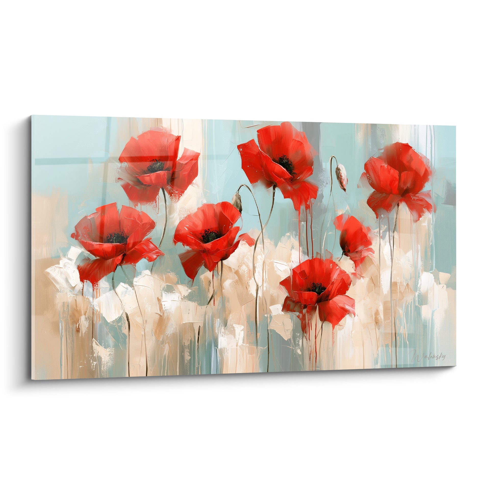 Coquelicots rouge vermillon sur fond bleu pastel et beige, pétales expressifs aux empâtements marqués
