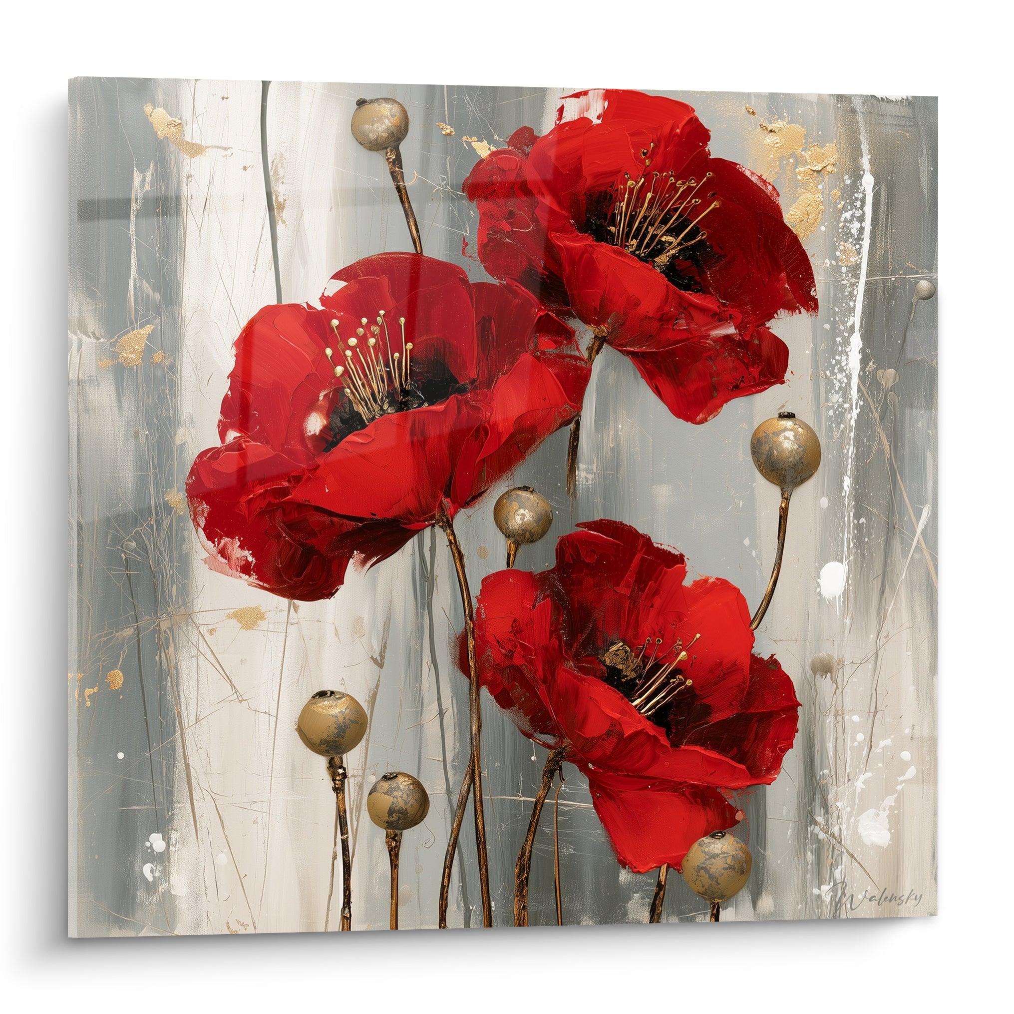 Coquelicots rouges aux cœurs noirs et étamines dorées, matière picturale empâtée sur fond gris strié