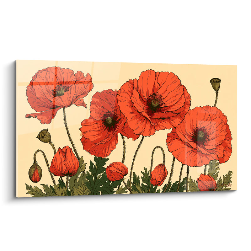 Tableau Coquelicots rouges et crème aux capsules recourbées - Illustration au trait fin - Edition Coquelicot