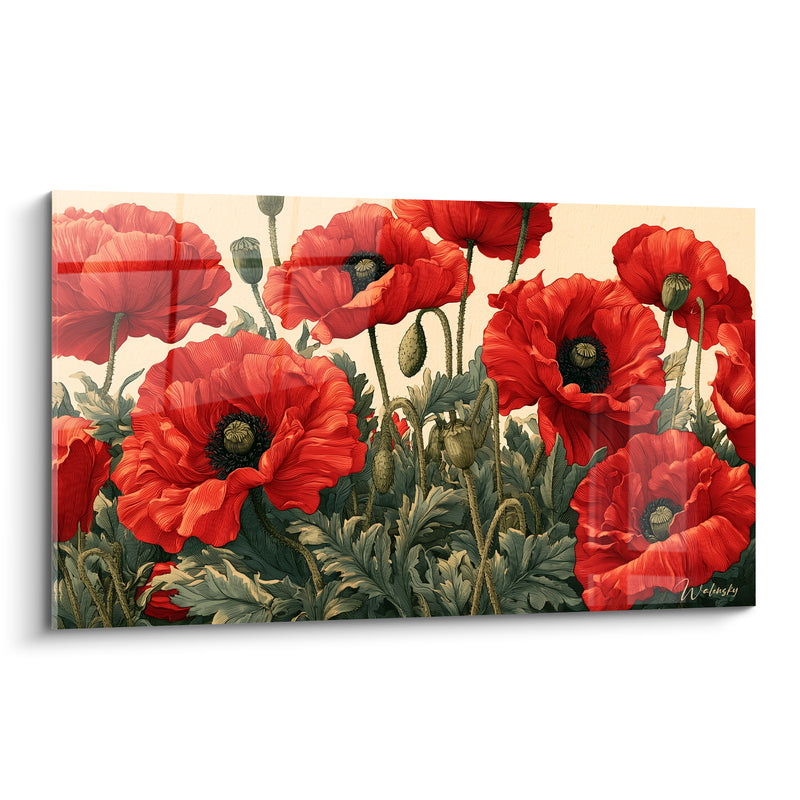 Tableau Coquelicots rouges aux capsules vert olive - Champ en fleur - Edition Coquelicot