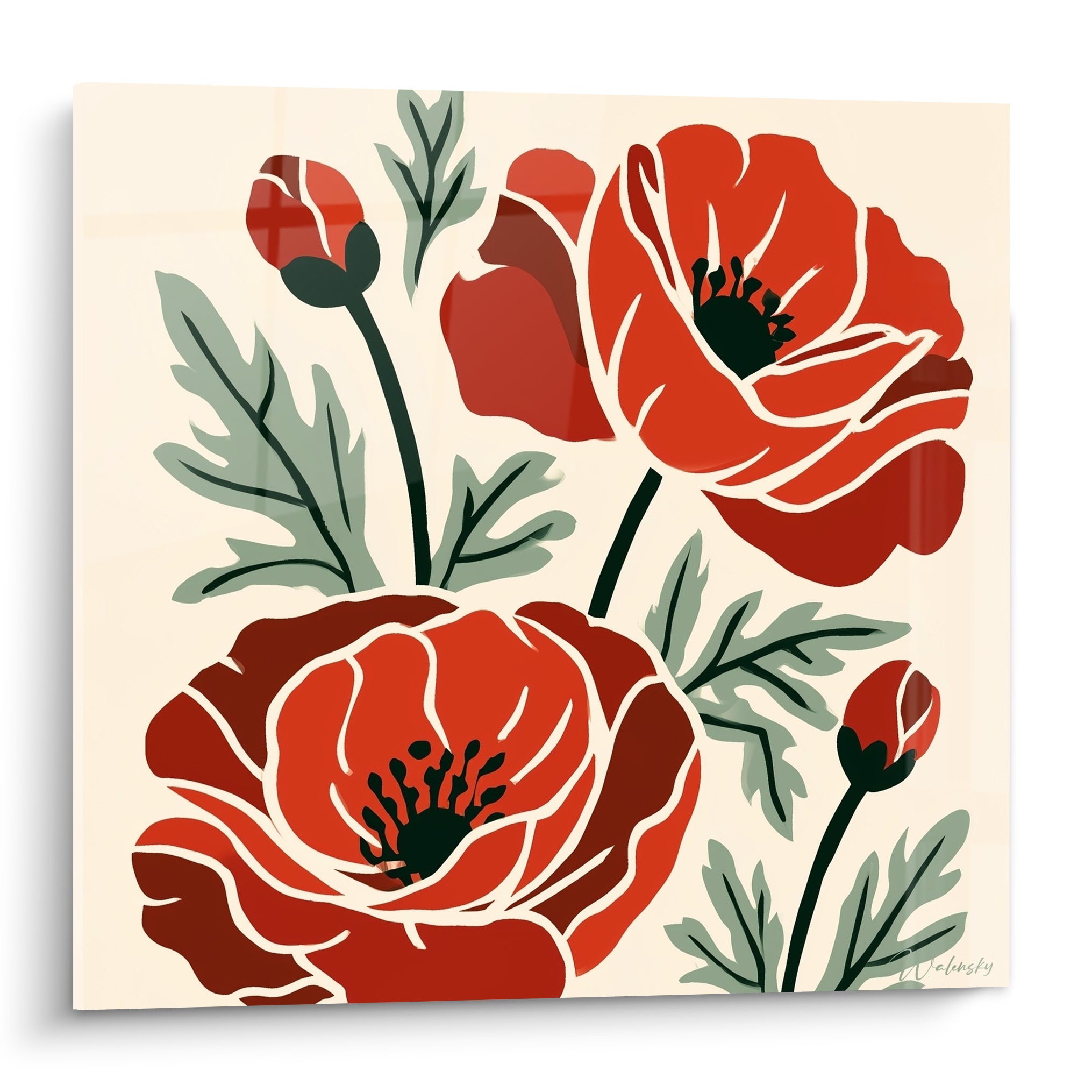 Coquelicots rouge vermillon et vert sauge peints en aplats sur fond ivoire, style graphique botanique