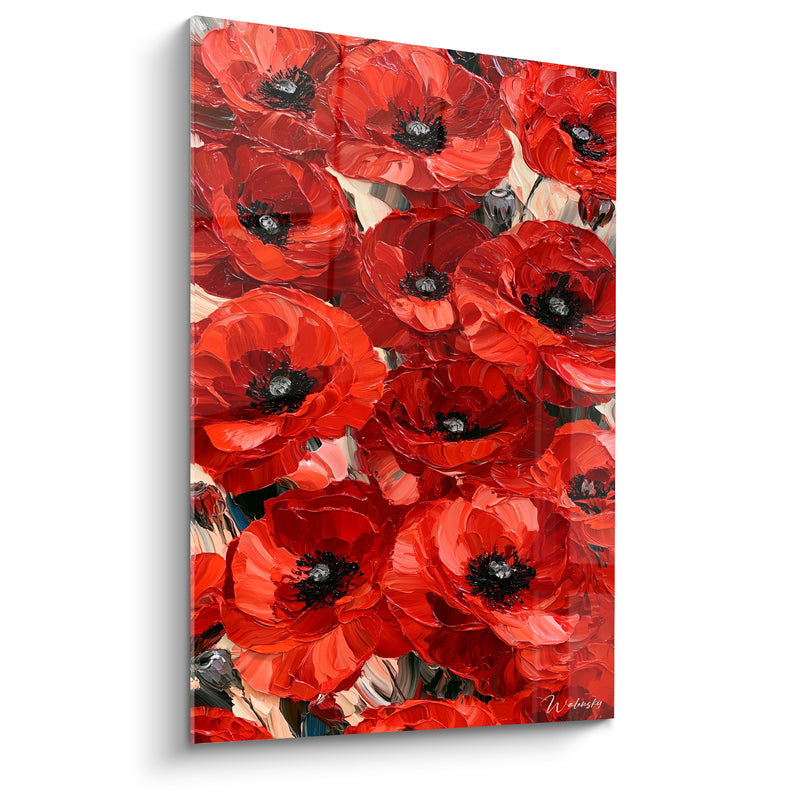 Tableau Coquelicots rouges et noirs aux pétales superposés - Bouquet dense serré - Edition Coquelicot