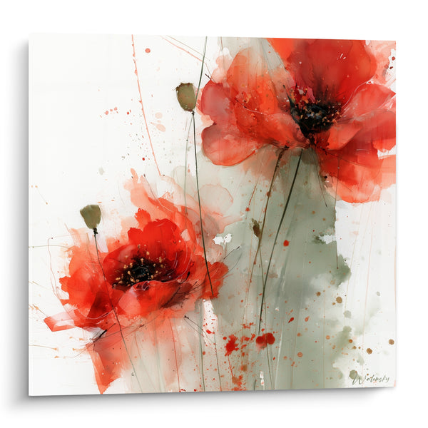 Red and Grey Poppies on White Splashed Background - Grey Vertical Flow - Poppy Edition