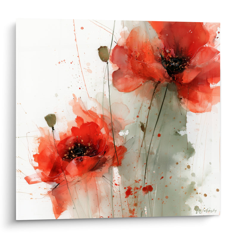Tableau Coquelicots rouges et gris sur fond blanc éclaboussé - Coulée verticale grise - Edition Coquelicot
