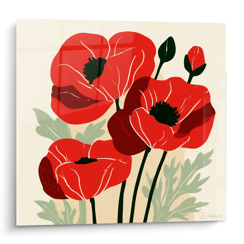 Tableau Coquelicots rouges aux feuilles vert sauge - Éveil du printemps - Edition Coquelicot