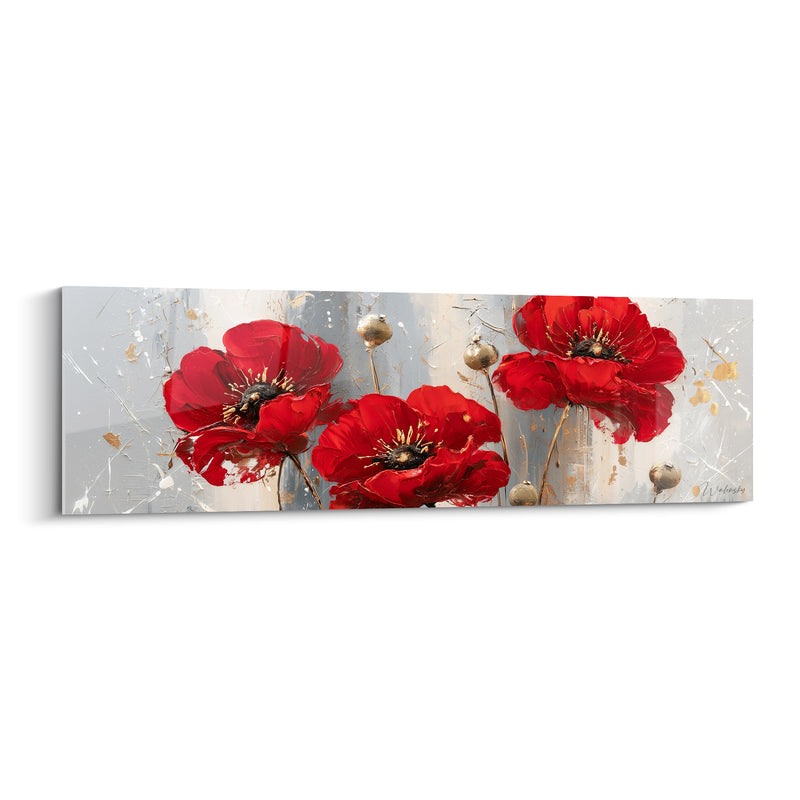 Tableau Coquelicots rouges et dorés aux capsules sphériques - Éclaboussures argentées - Edition Coquelicot
