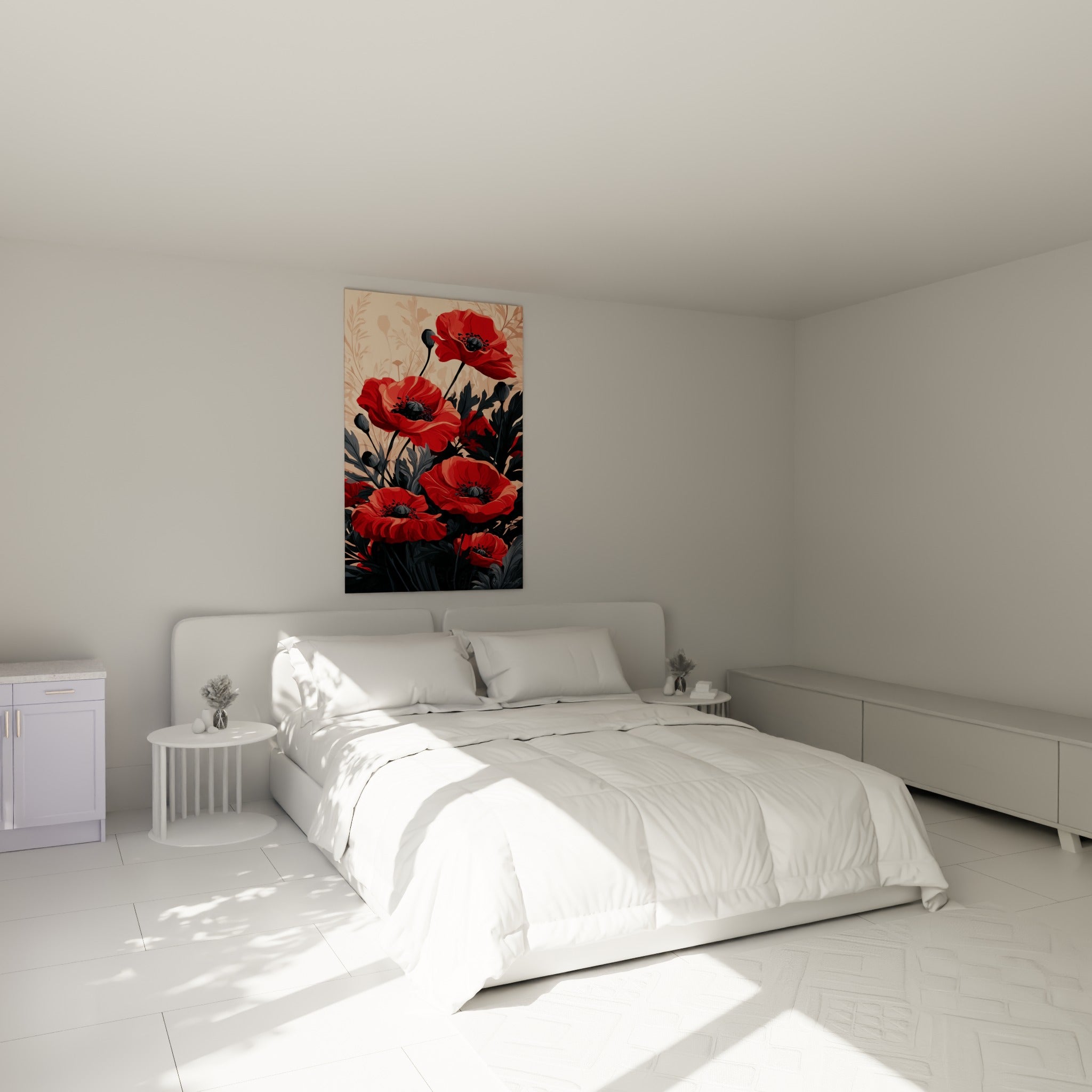 Bouquet de coquelicots rouge vif et gris anthracite au-dessus d'un lit dans une chambre claire