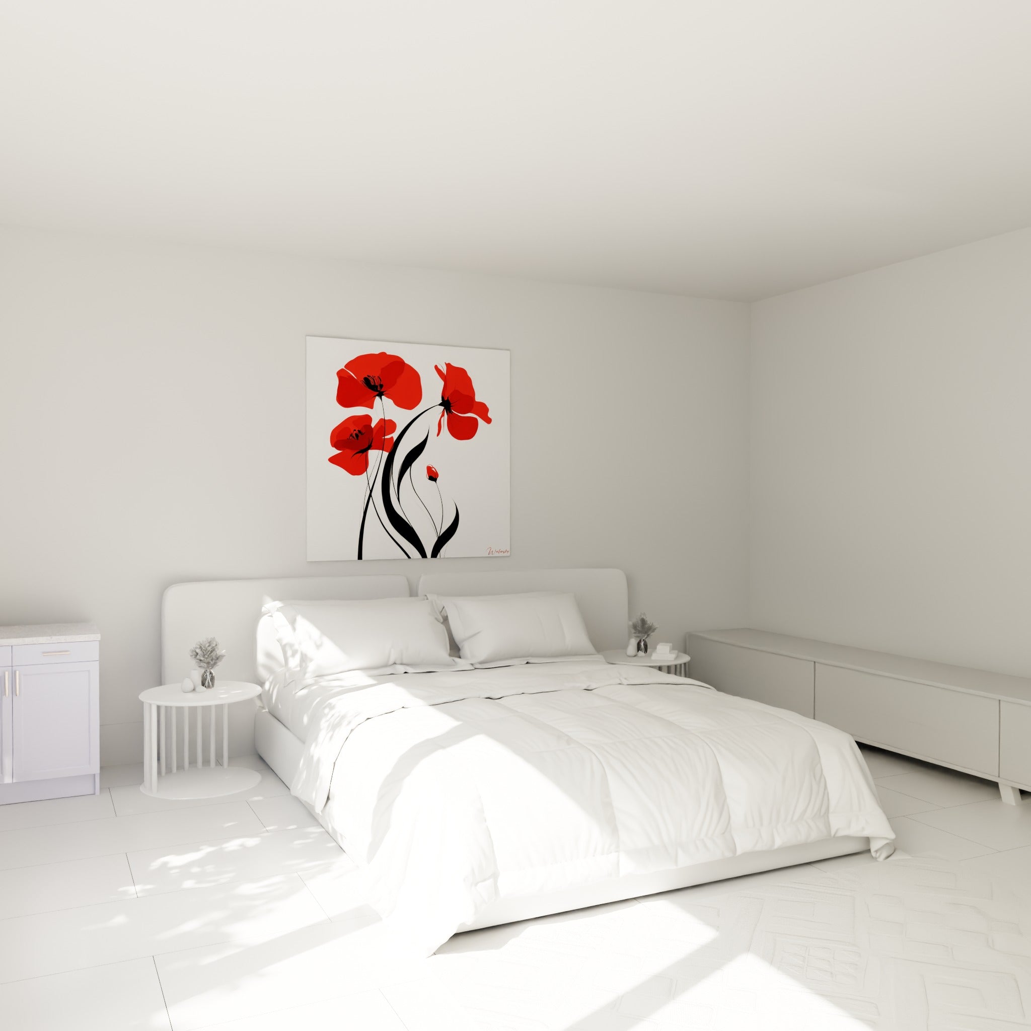 Fleurs de coquelicot rouge vif et tiges noires sculpturales trônent au-dessus d'un lit dans une chambre claire
