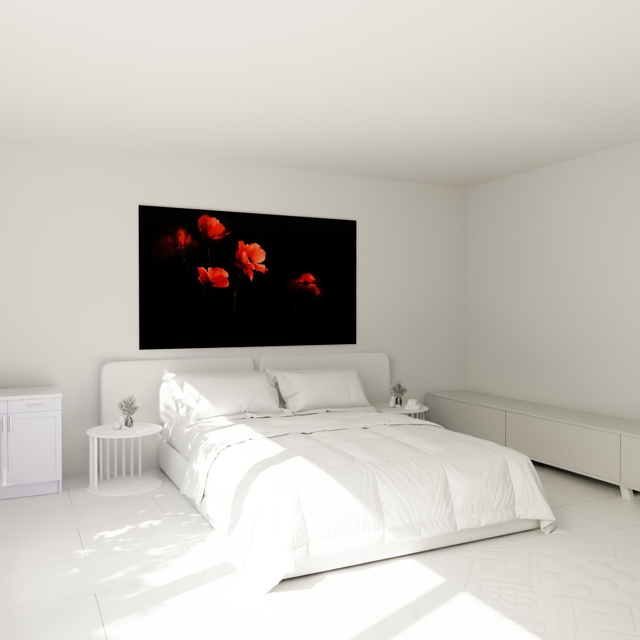 Coquelicots rouges et fond anthracite au-dessus d'un lit dans une chambre claire, ambiance intense.