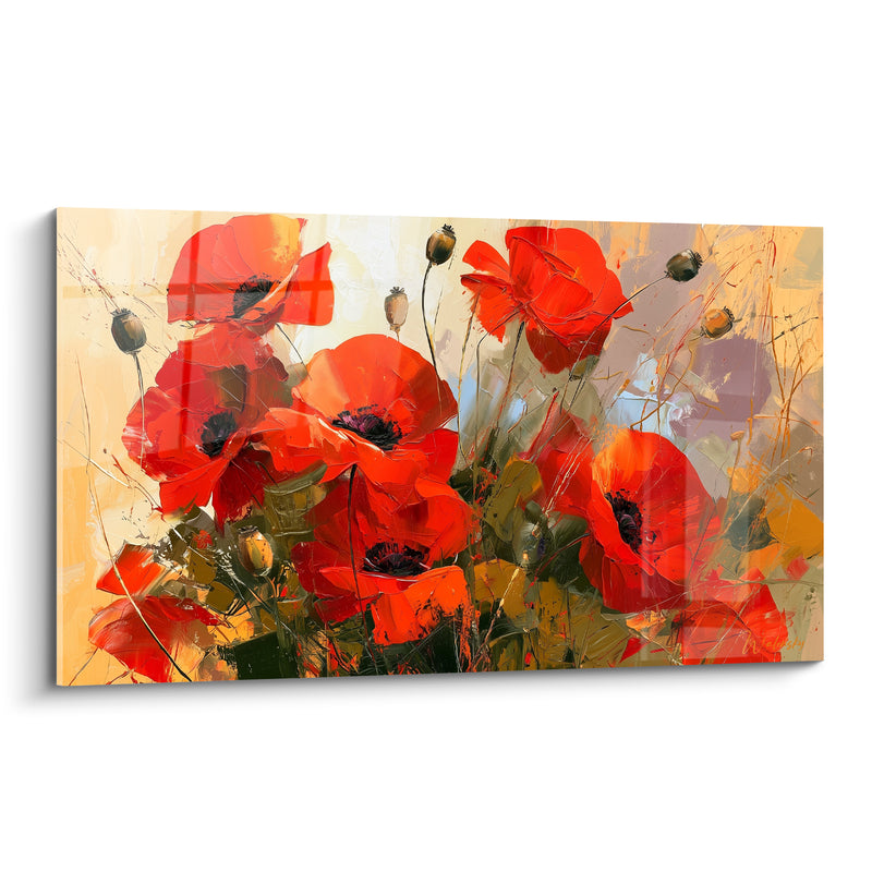 Tableau Coquelicots rouges et jaune sable aux capsules dressées - Brindilles filiformes entrelacées - Edition Coquelicot