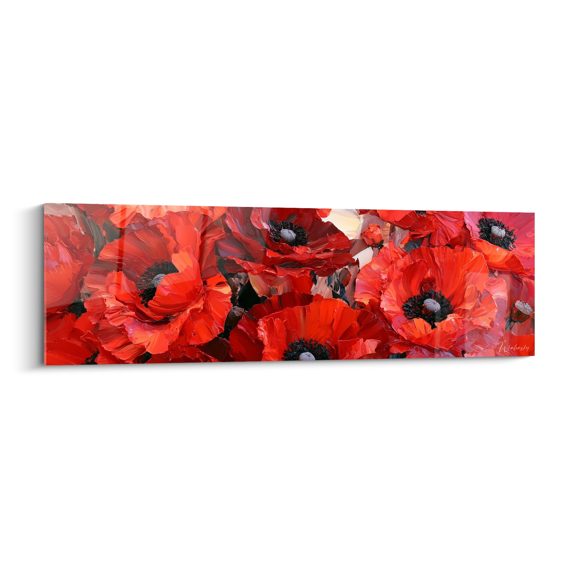 Coquelicots rouge vif aux cœurs noirs peints en empâtements épais sur toile panoramique