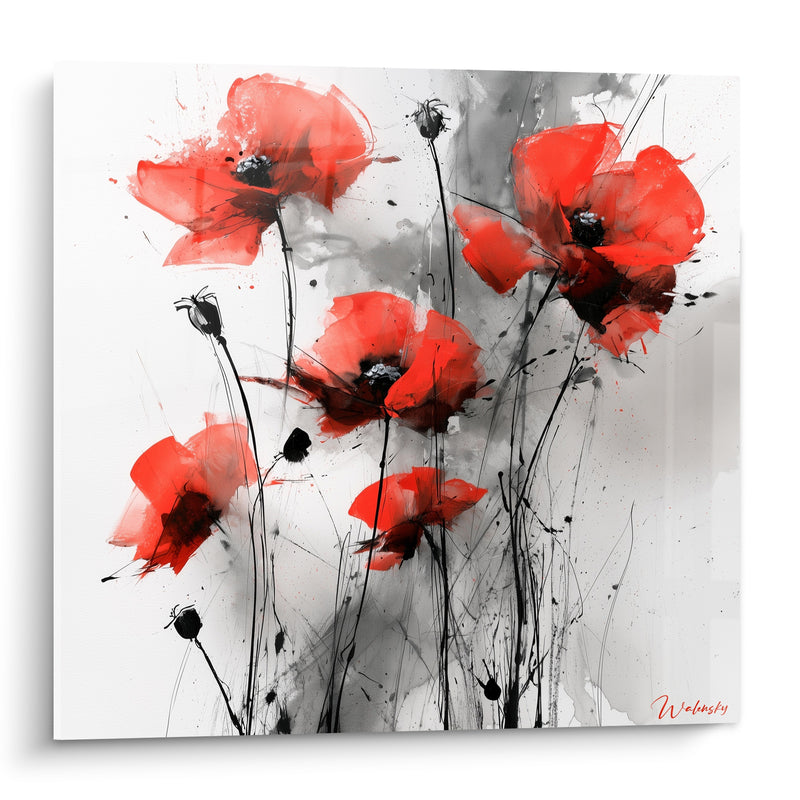 Tableau Coquelicots rouges aux tiges encrées noires - Souffle sauvage - Edition Coquelicot