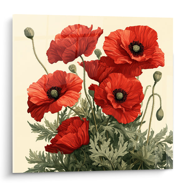 Red Poppies and Sage Green Buttons Painting - Country Bouquet - Poppy Edition