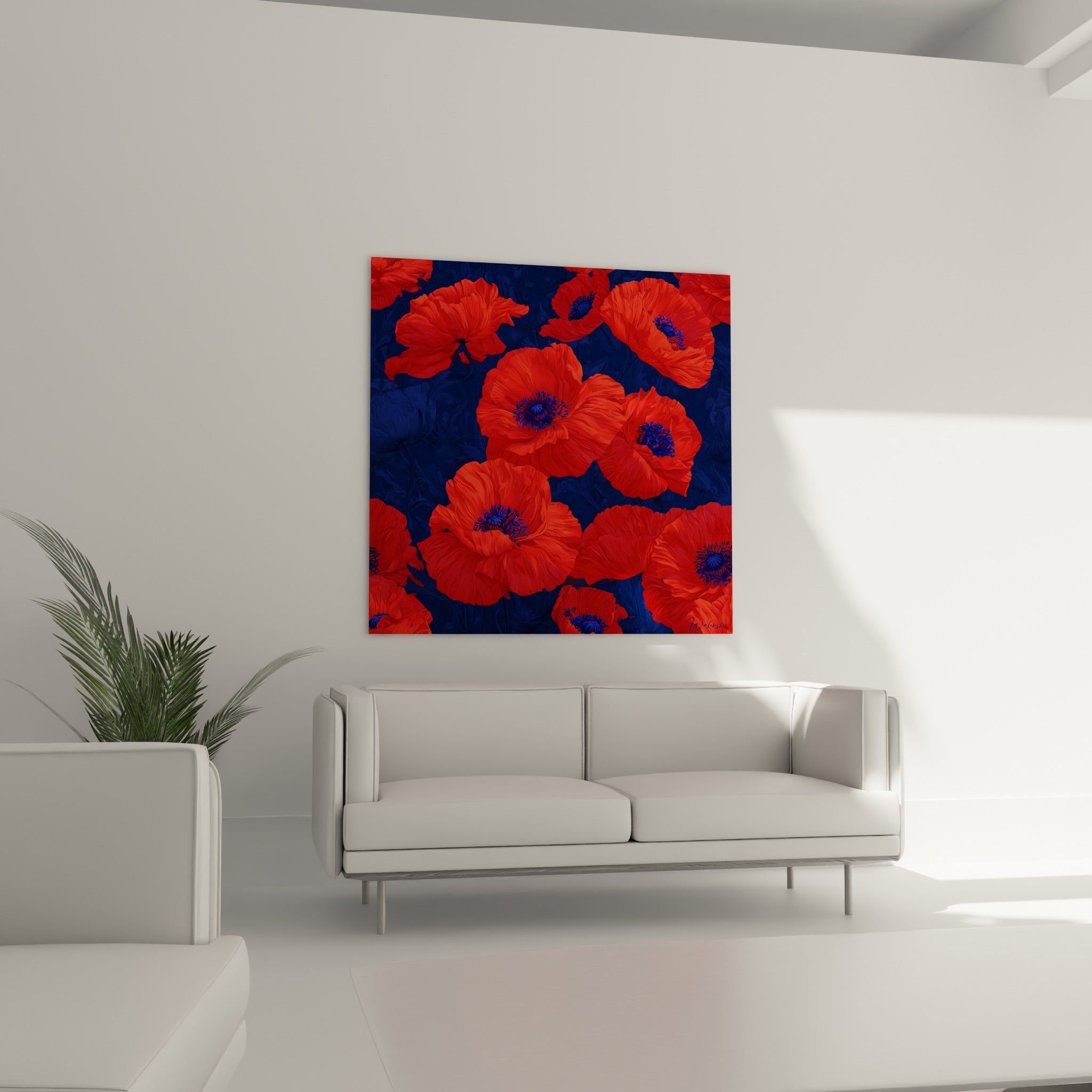 Pétales de coquelicots rouge vif et bleu nuit disposés au-dessus d'un canapé dans un salon lumineux