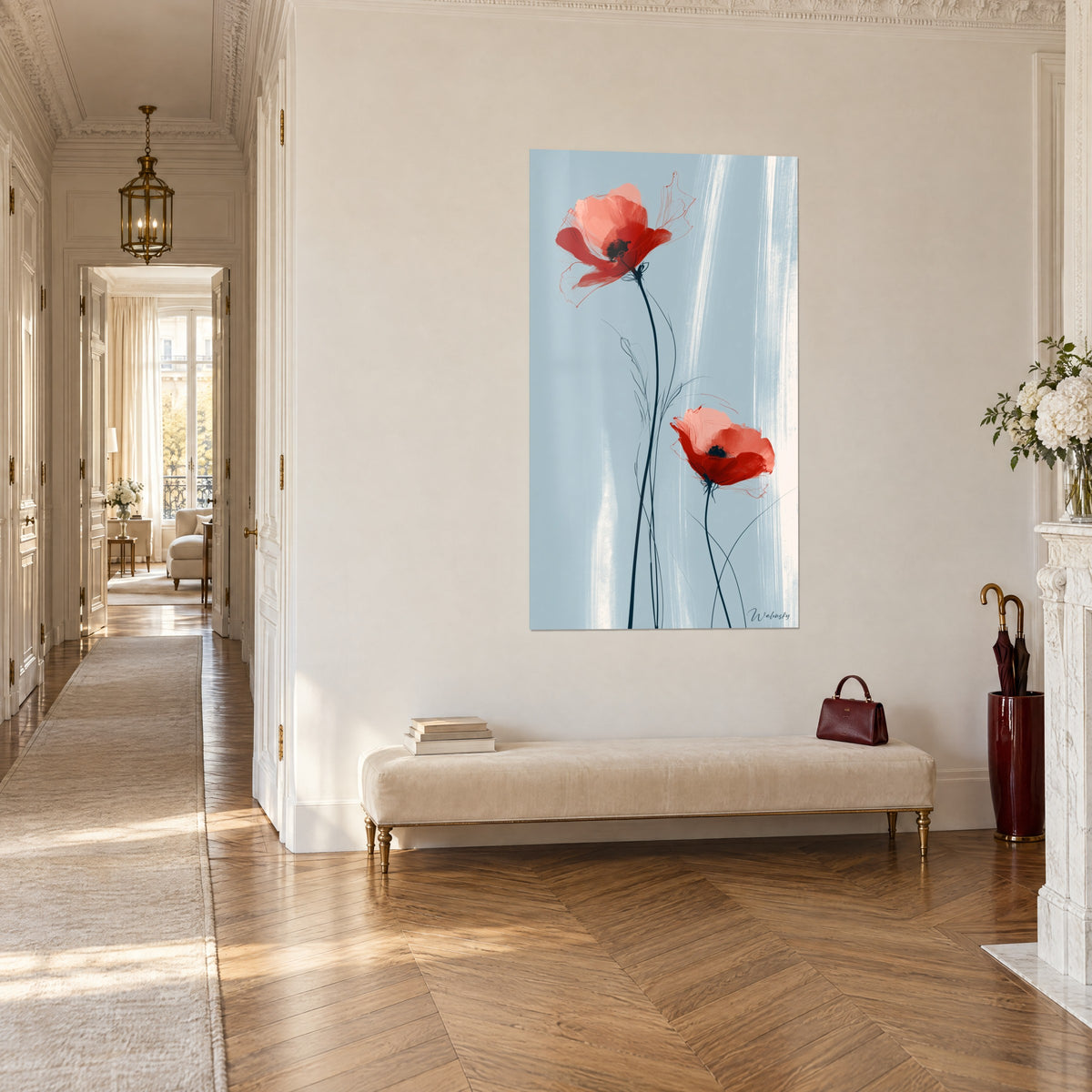 Wall art coral red poppy flowers with translucent petals, grey-blue sky streaked with white, in a parquet-floored Haussmann hallway