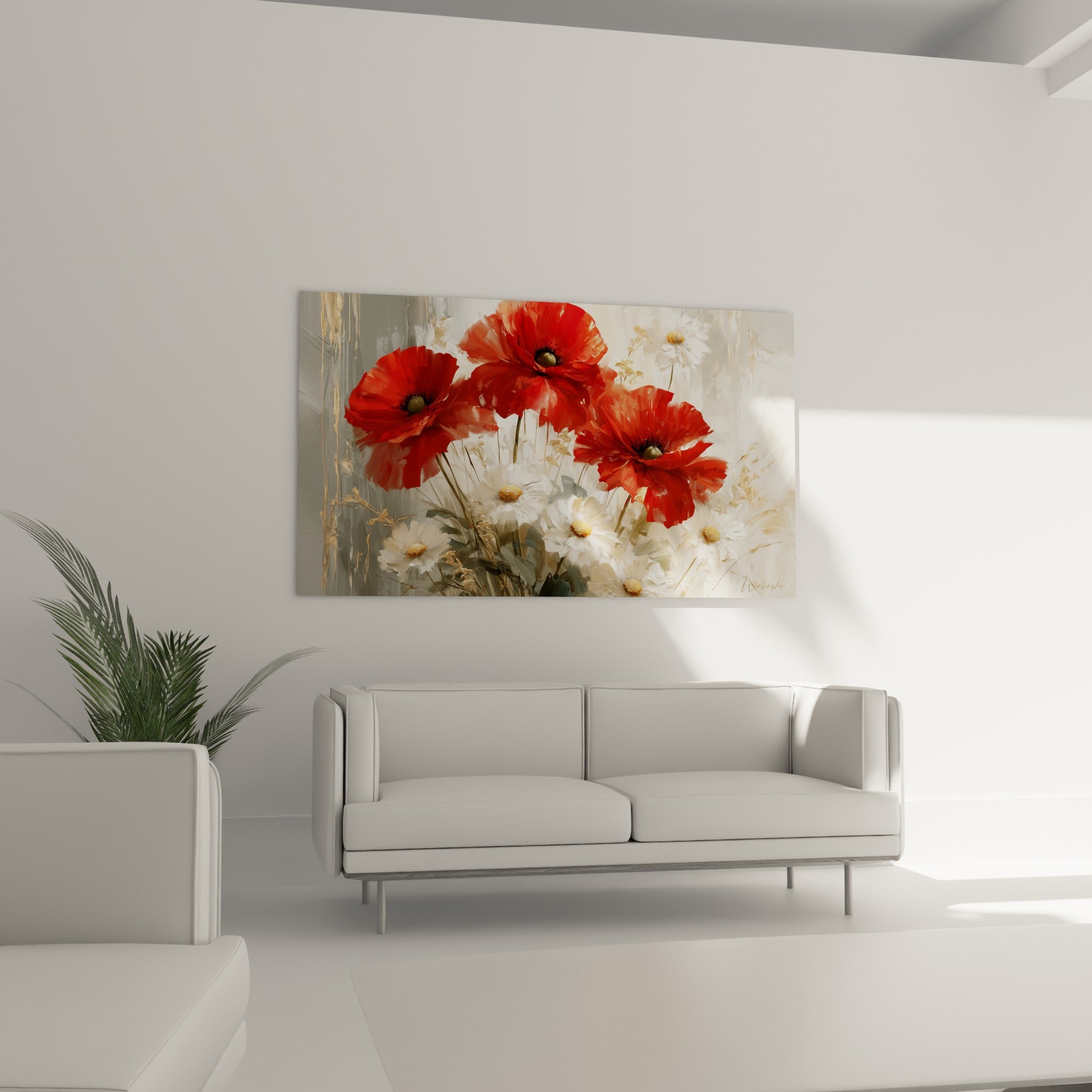 Fleurs rouges et blanches aux textures épaisses au-dessus d'un canapé dans un salon lumineux
