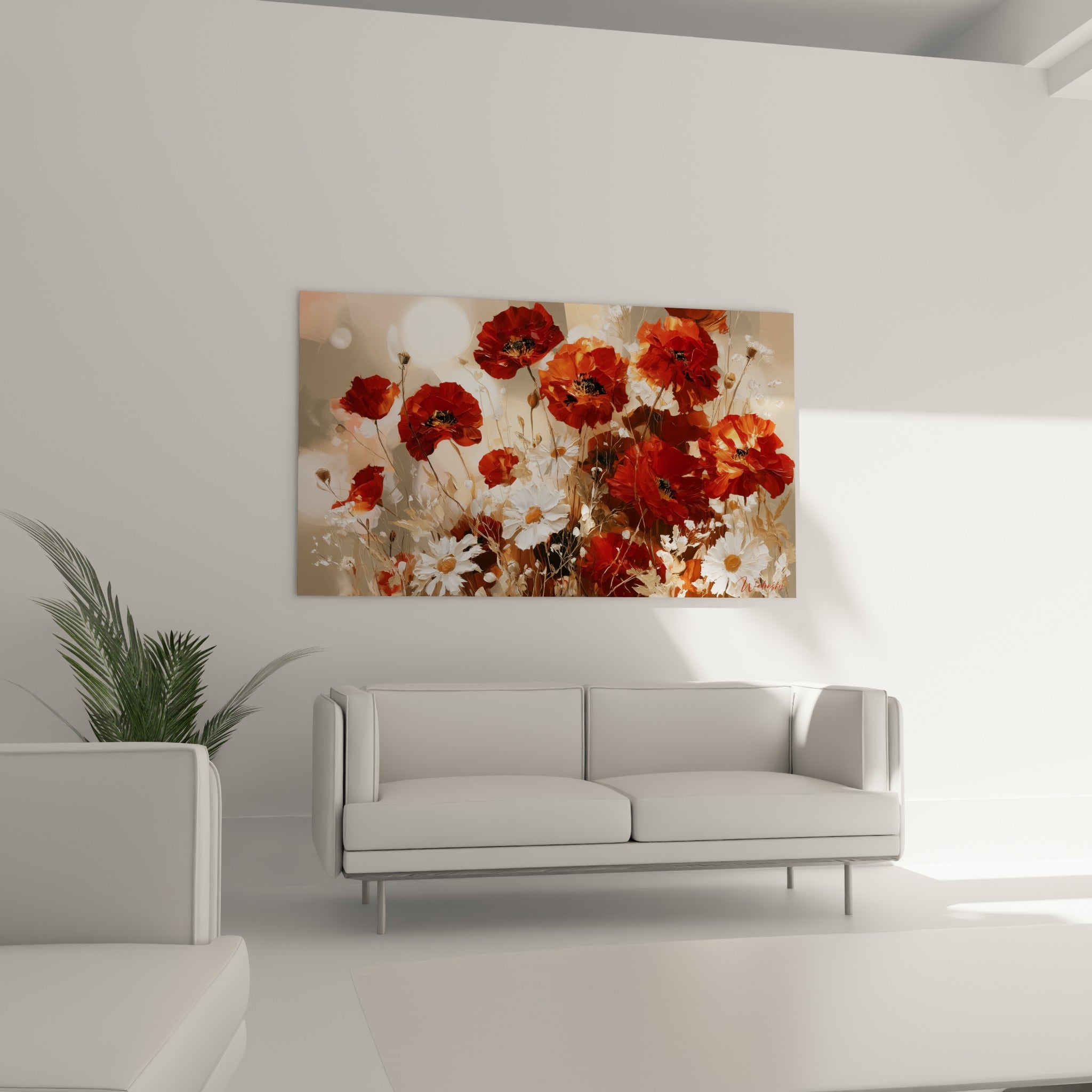 Fleurs de coquelicot orangées et marguerites blanches au-dessus d'un canapé dans un salon lumineux