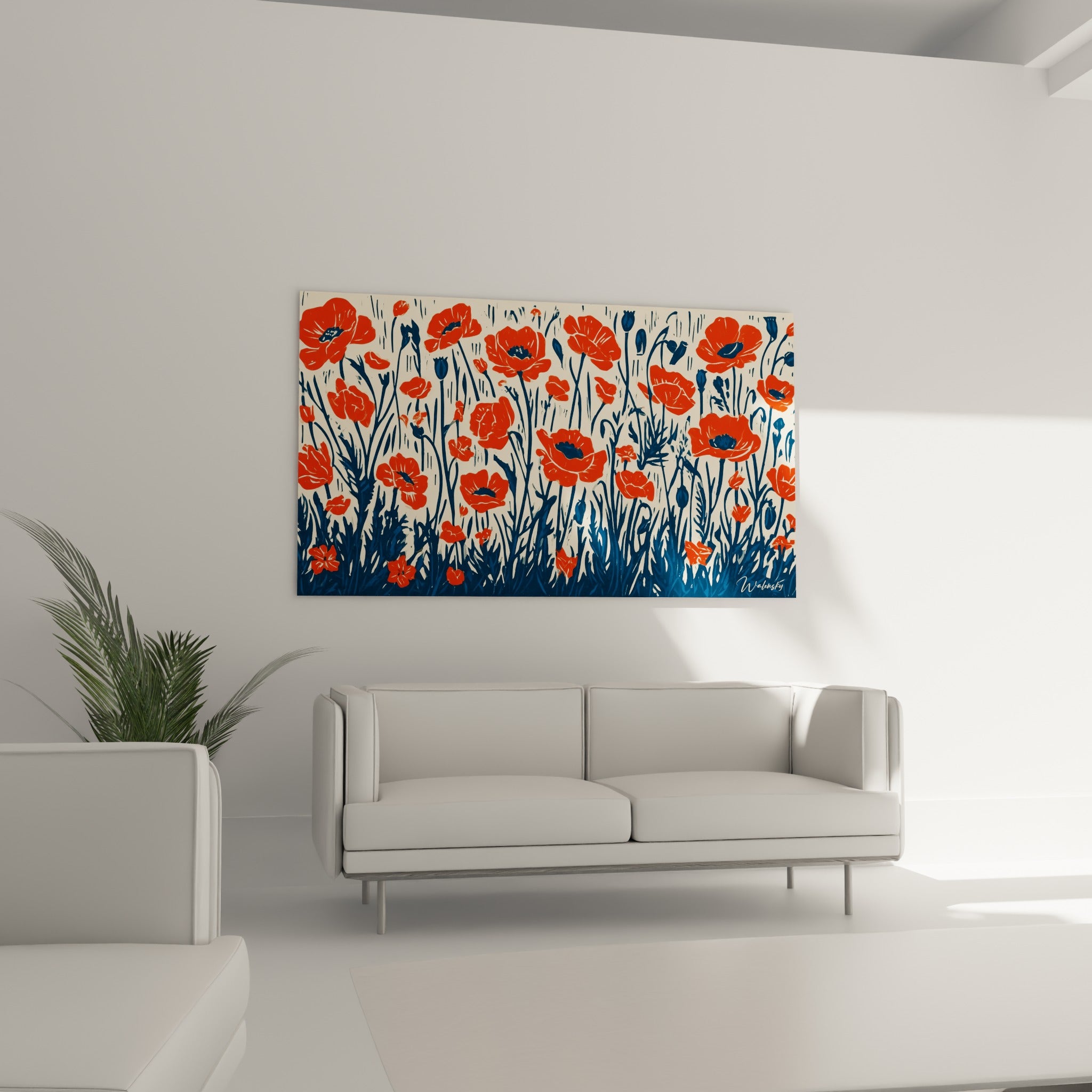 Champ de coquelicots orangés sur fond crème au-dessus d'un canapé dans un salon lumineux