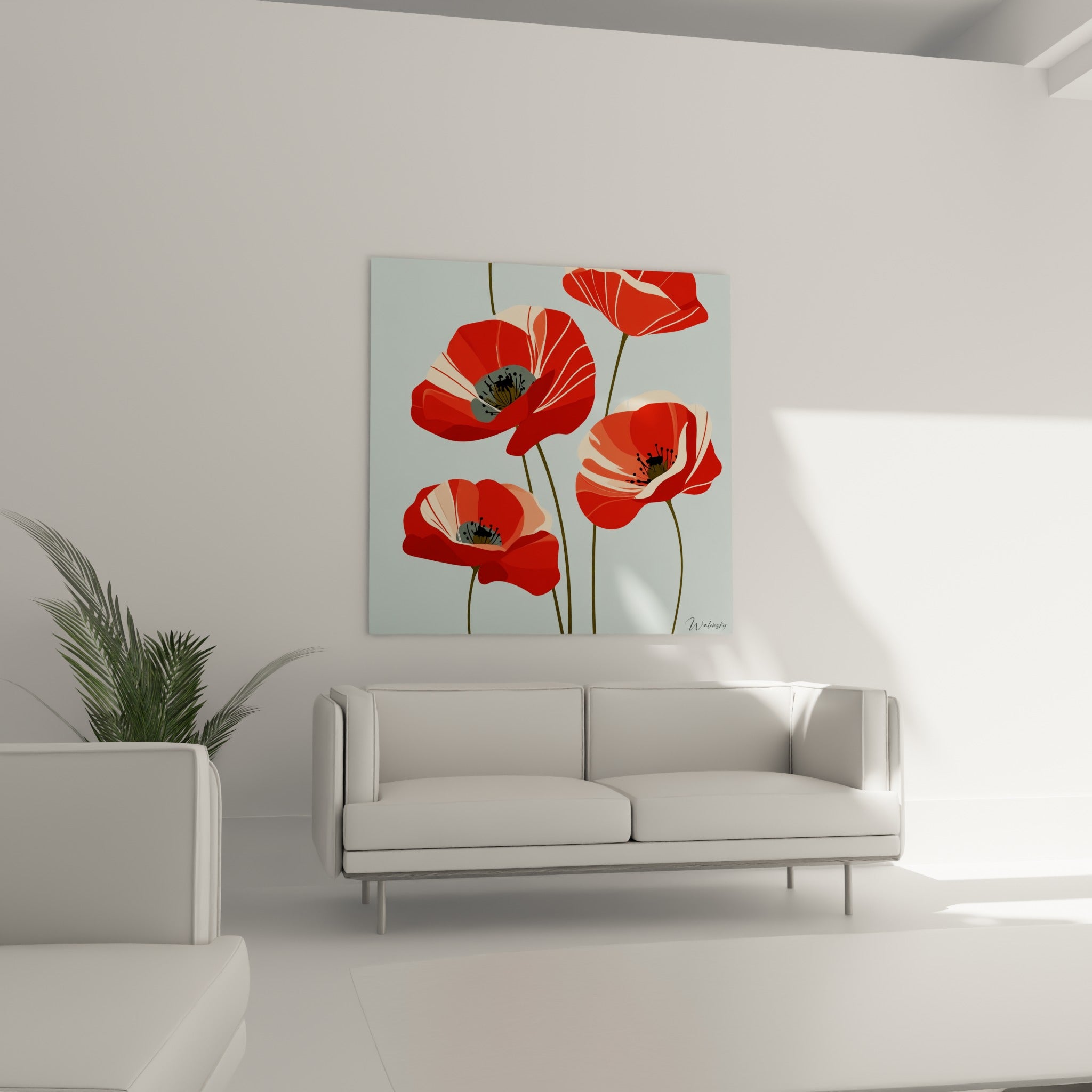 Pétales de coquelicot rouge vif et crème positionnés au-dessus d'un canapé dans un salon lumineux