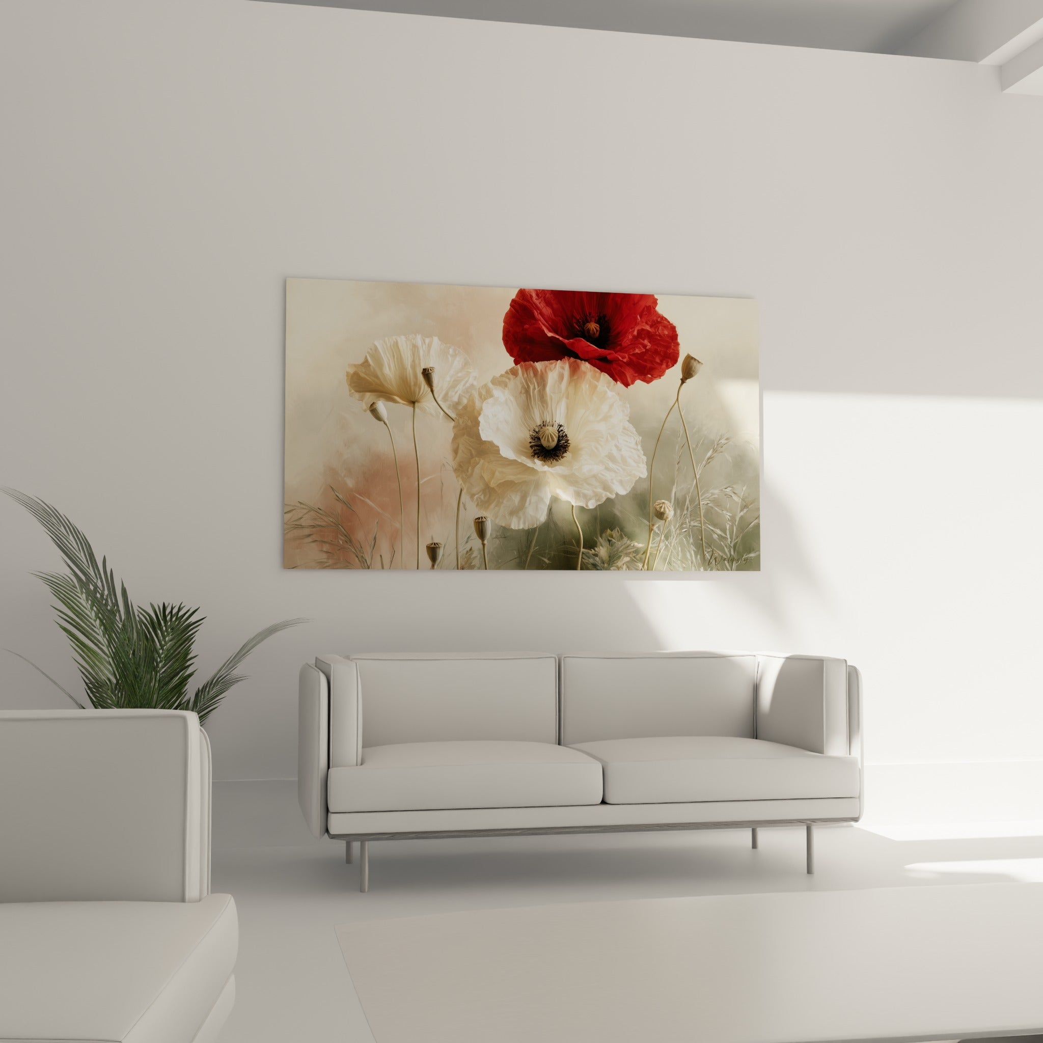 Fleurs de coquelicot rouge profond et blanc nacré au-dessus d'un canapé dans un salon lumineux